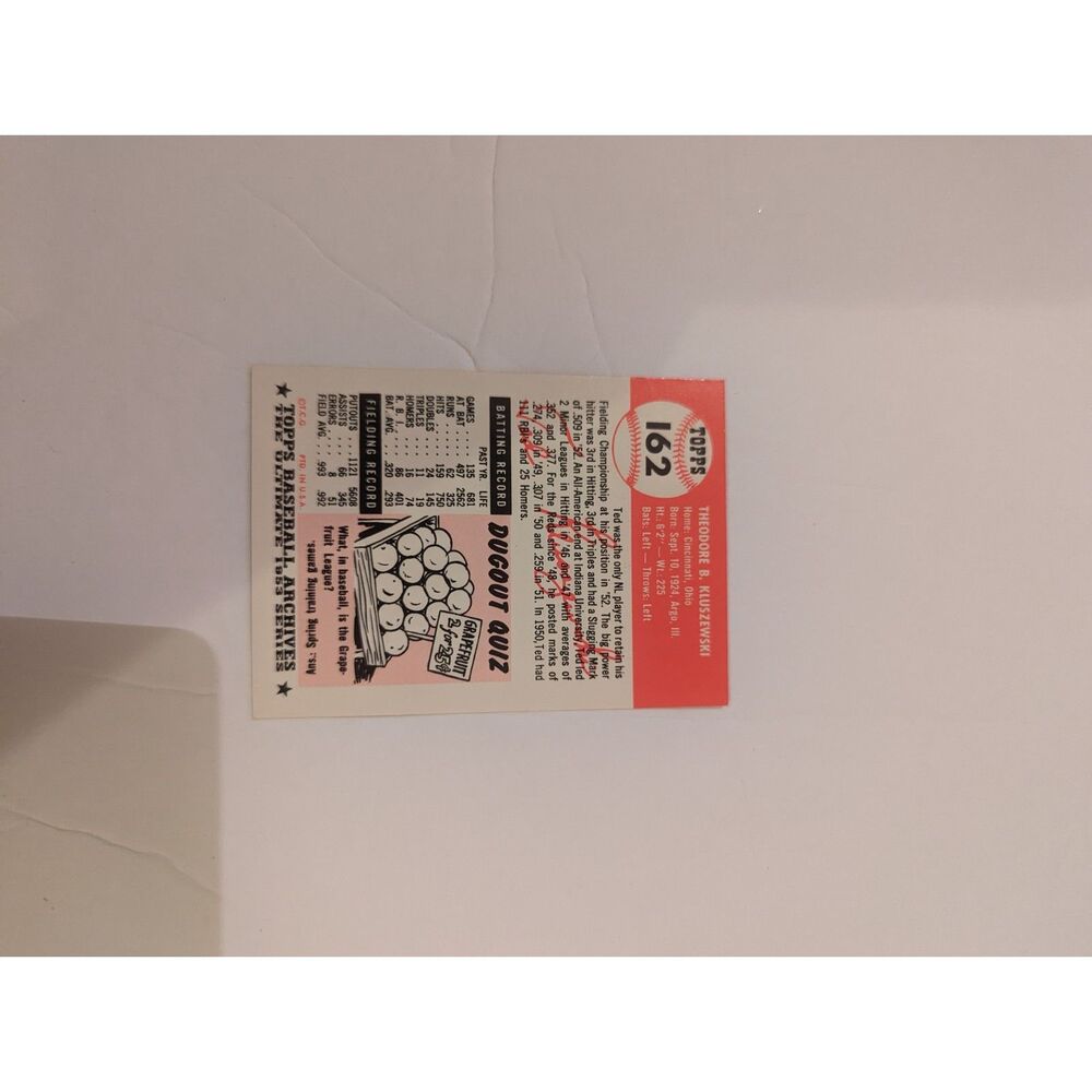 1953 Topps Baseball Archives- #162 Ted Kluszewski Cincinnati Reds 1st base card - Picture 2 of 2